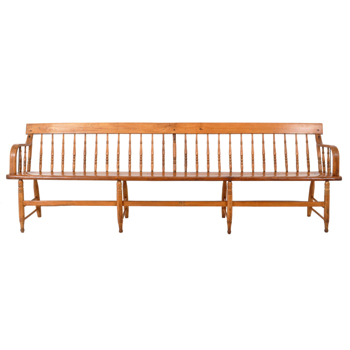 Antique American Windsor Pine & Maple Spindle Back Colonial Deacon's Bench, circa 1860