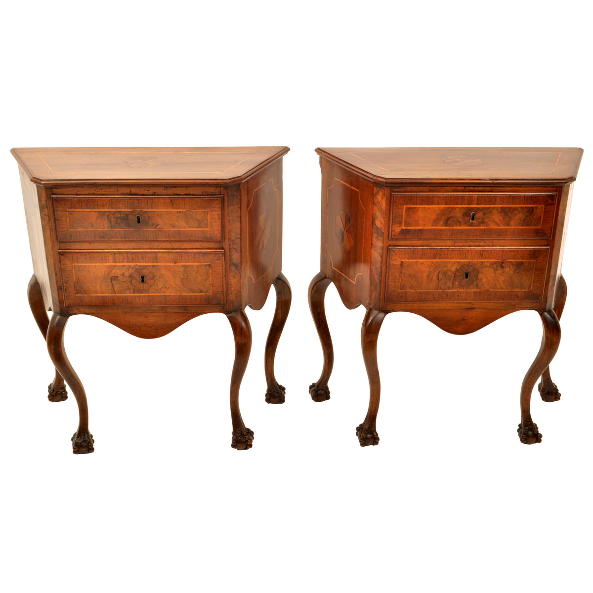 Pair of Antique Italian Inlaid Walnut Baroque Commodes / Chests / Stands / Tables, circa 1750