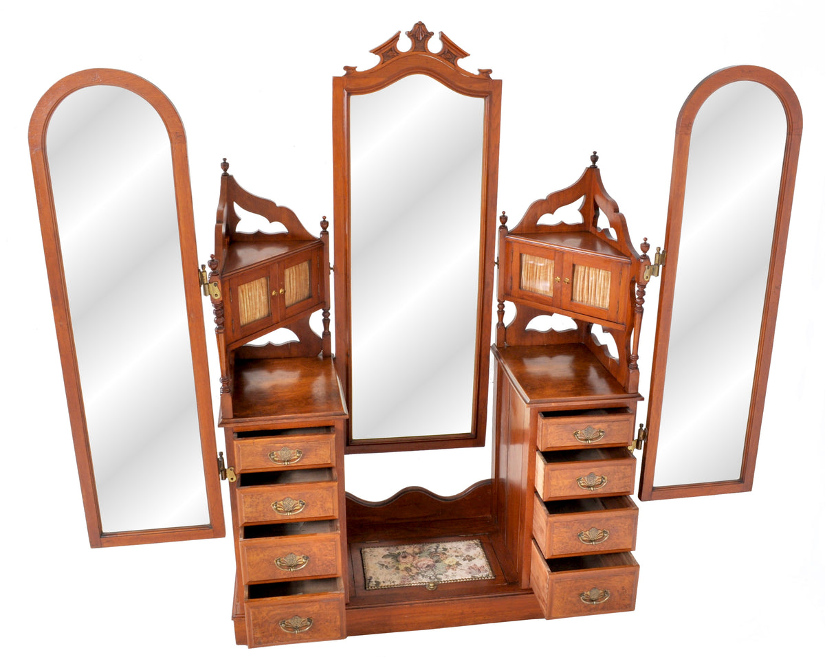 Antique Victorian Walnut Triple Mirror Twin Pedestal Dressing Table / Princess Vanity Chest, circa 1870