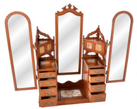 Antique Victorian Walnut Triple Mirror Twin Pedestal Dressing Table / Princess Vanity Chest, circa 1870