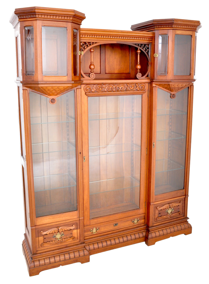 Antique American Eastlake Walnut Breakfront Bookcase / Hutch / Cabinet, Circa 1890