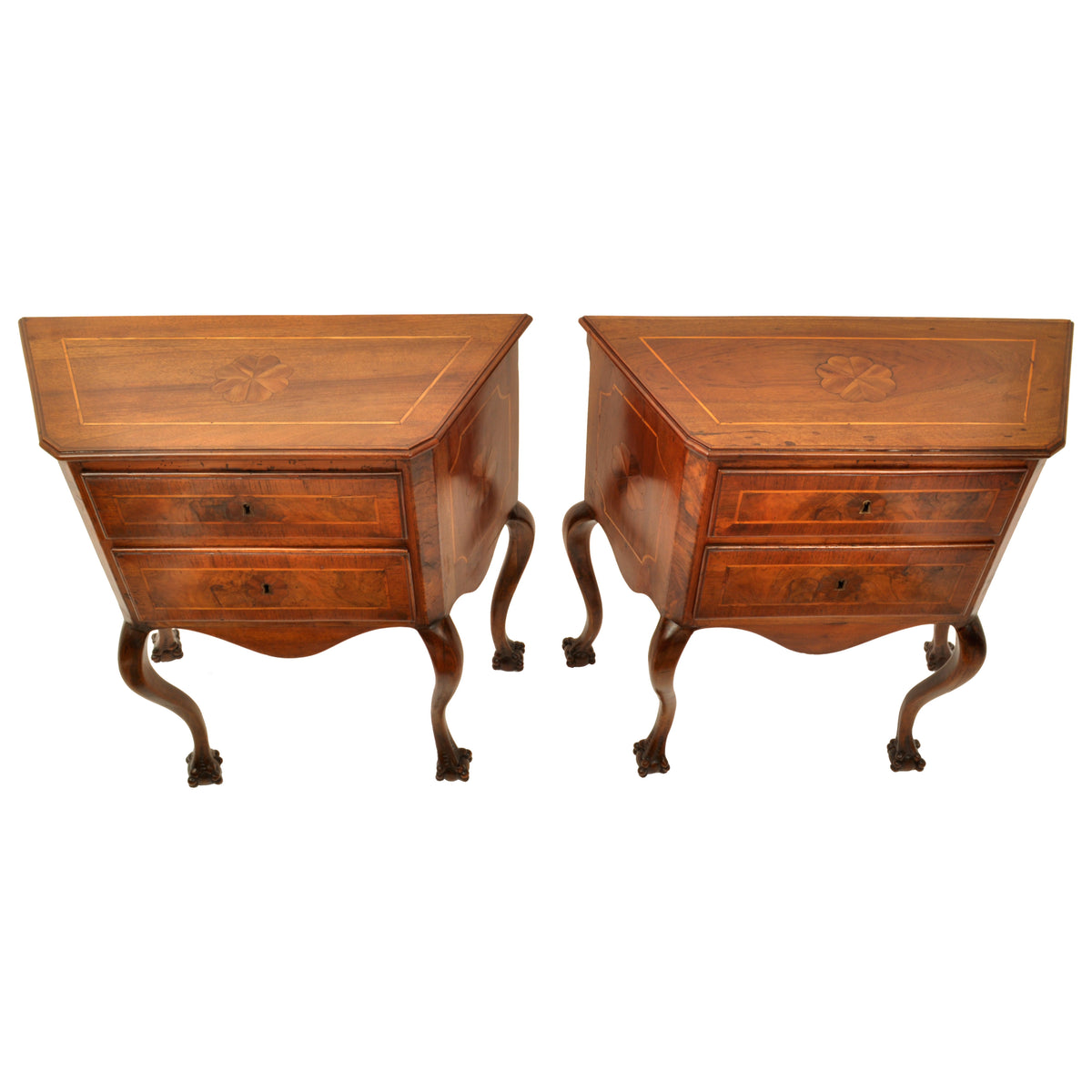 Pair of Antique Italian Inlaid Walnut Baroque Commodes / Chests / Stands / Tables, circa 1750