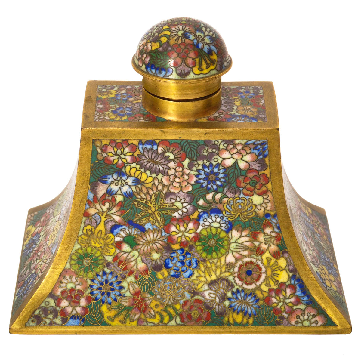 Antique Chinese Qing Enamel Mille Fleur Cloisonné Desk Writing Set Inkwell, Circa 1900
