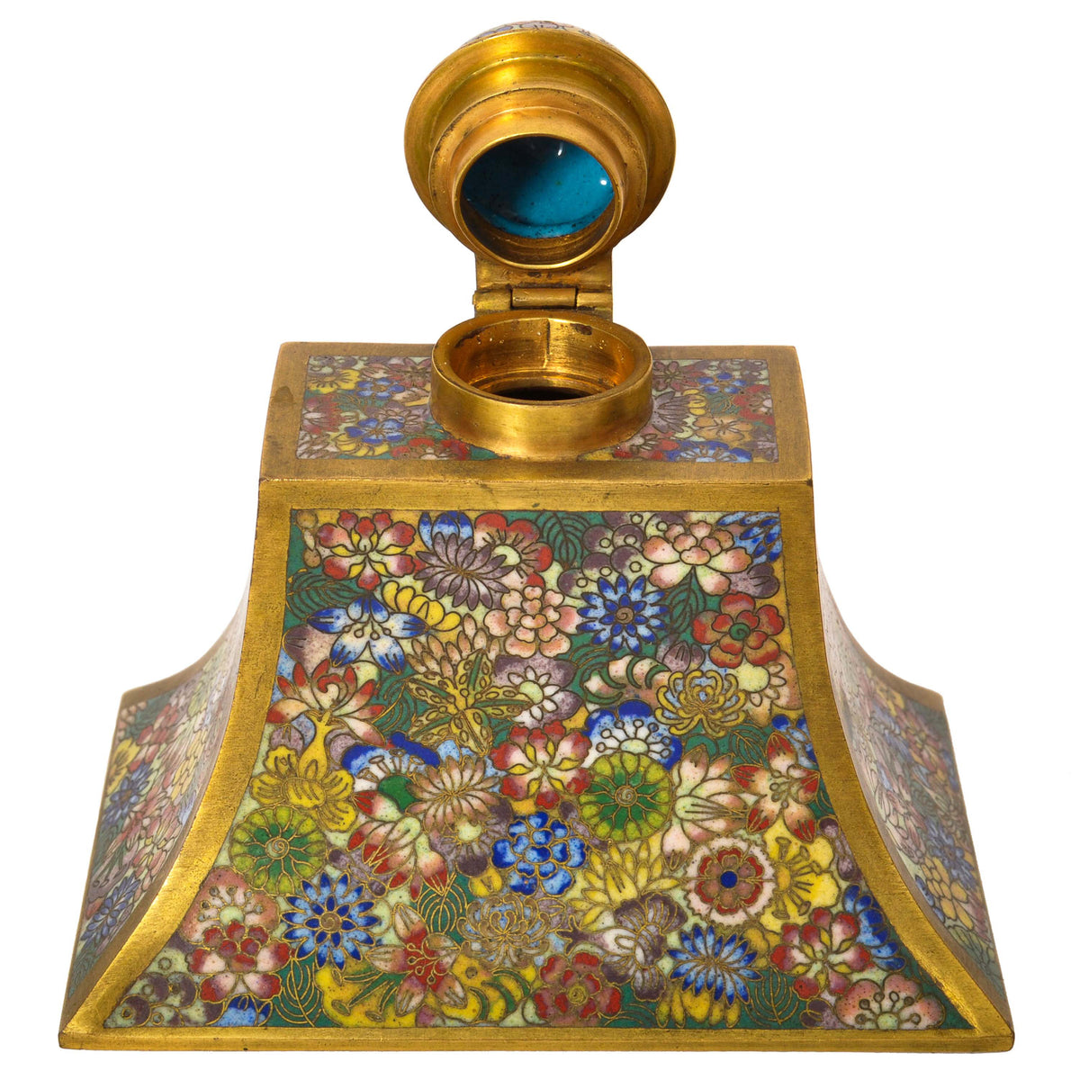 Antique Chinese Qing Enamel Mille Fleur Cloisonné Desk Writing Set Inkwell, Circa 1900