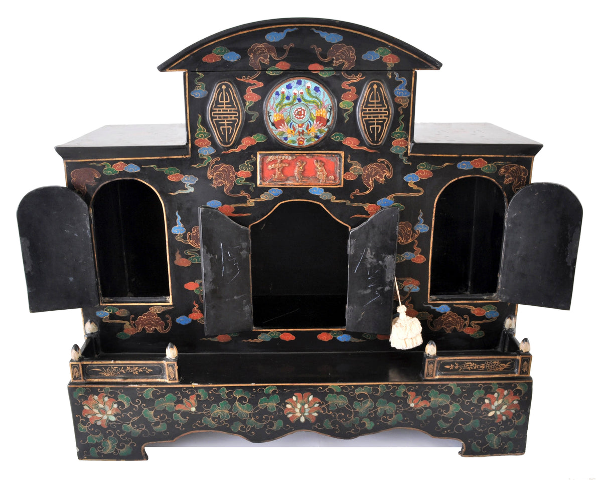 Antique Chinese Qing Dynasty Lacquer Cloisonné Buddhistic Shrine / Cabinet, circa 1900