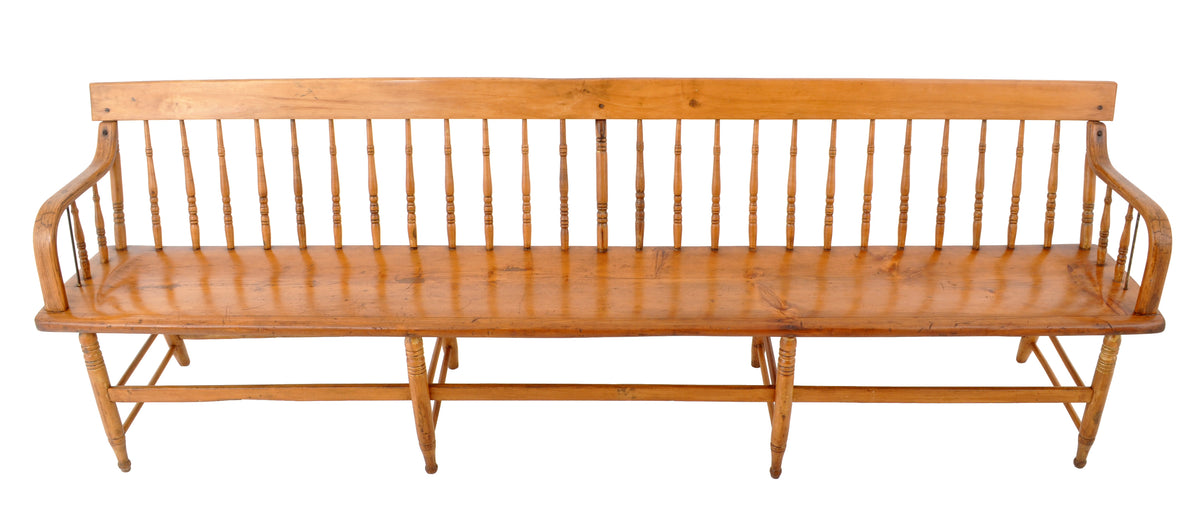 Antique American Windsor Pine & Maple Spindle Back Colonial Deacon's Bench, circa 1860