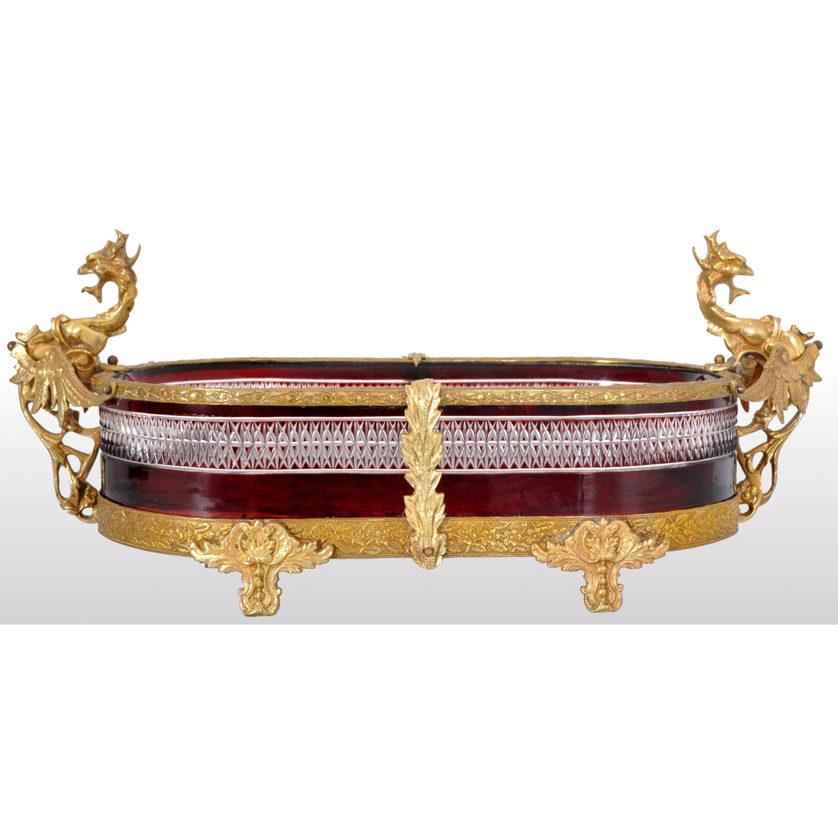 Antique French Cut Glass Crystal Ruby Doré Bronze Griffin Centerpiece, circa 1880