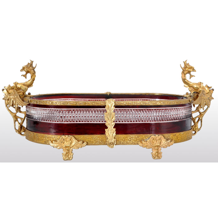 Antique French Cut Glass Crystal Ruby Doré Bronze Griffin Centerpiece, circa 1880