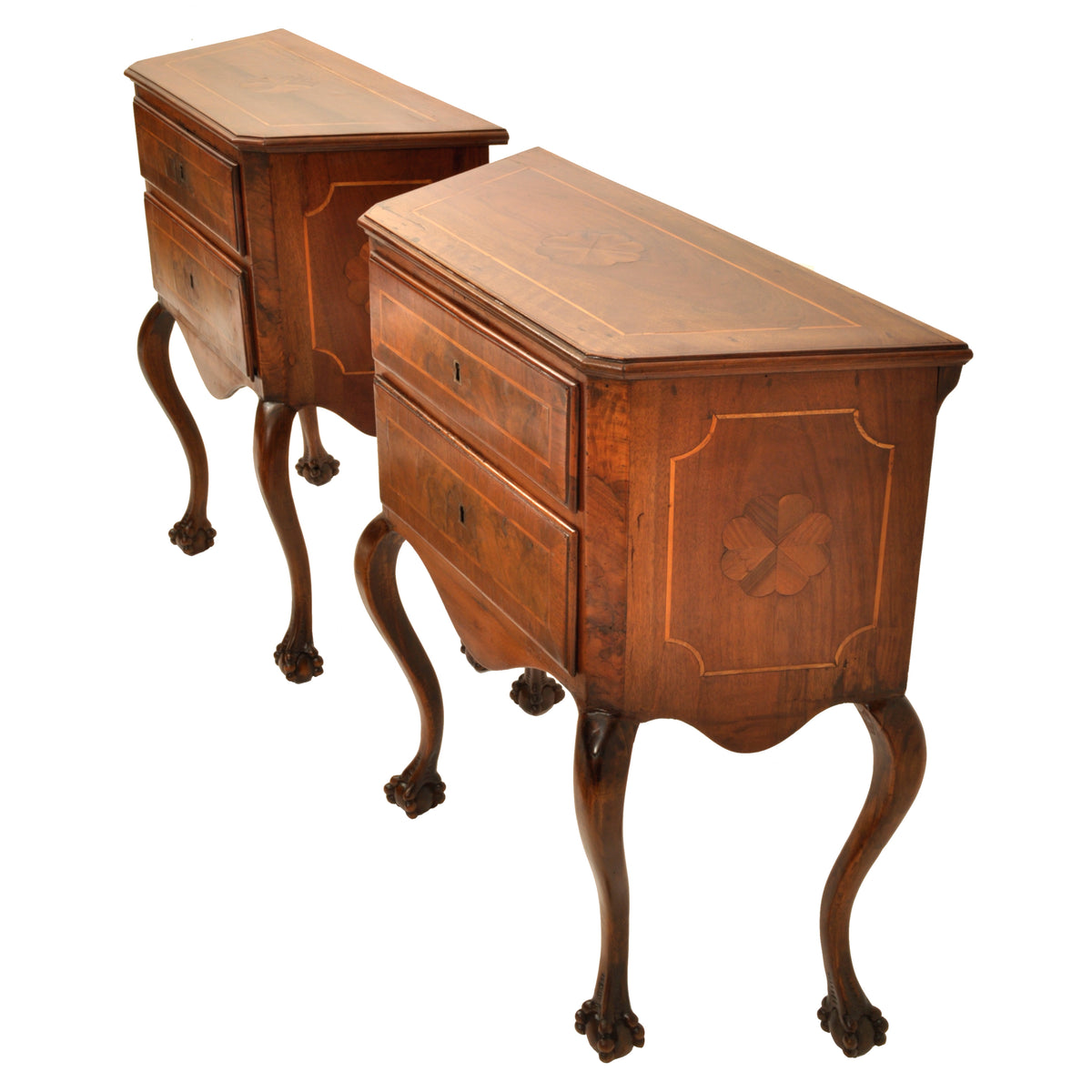 Pair of Antique Italian Inlaid Walnut Baroque Commodes / Chests / Stands / Tables, circa 1750