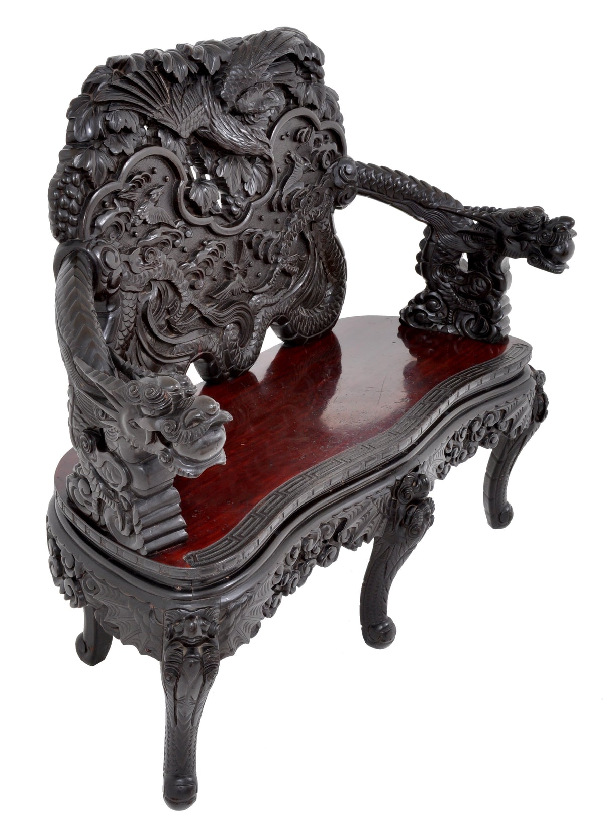 Antique Chinese Qing Dynasty Carved Rosewood Dragon Loveseat / Sofa / Bench, Circa 1890