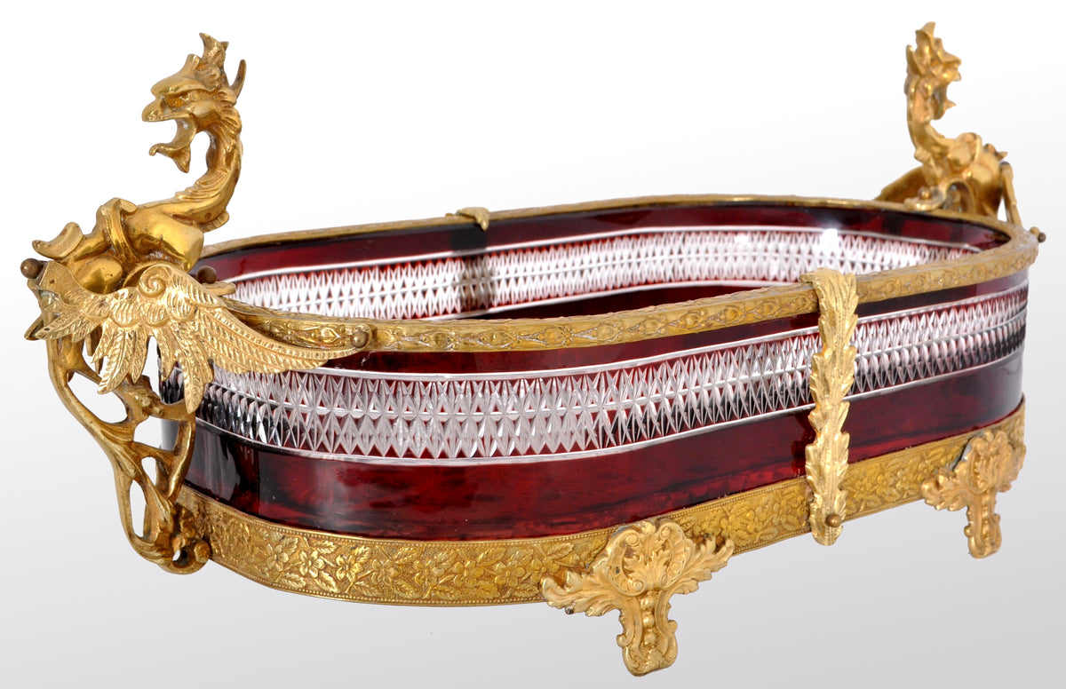 Antique French Cut Glass Crystal Ruby Doré Bronze Griffin Centerpiece, circa 1880