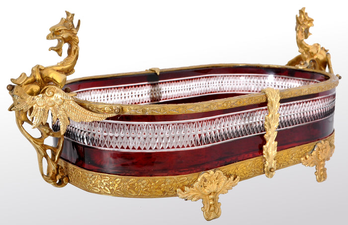 Antique French Cut Glass Crystal Ruby Doré Bronze Griffin Centerpiece, circa 1880