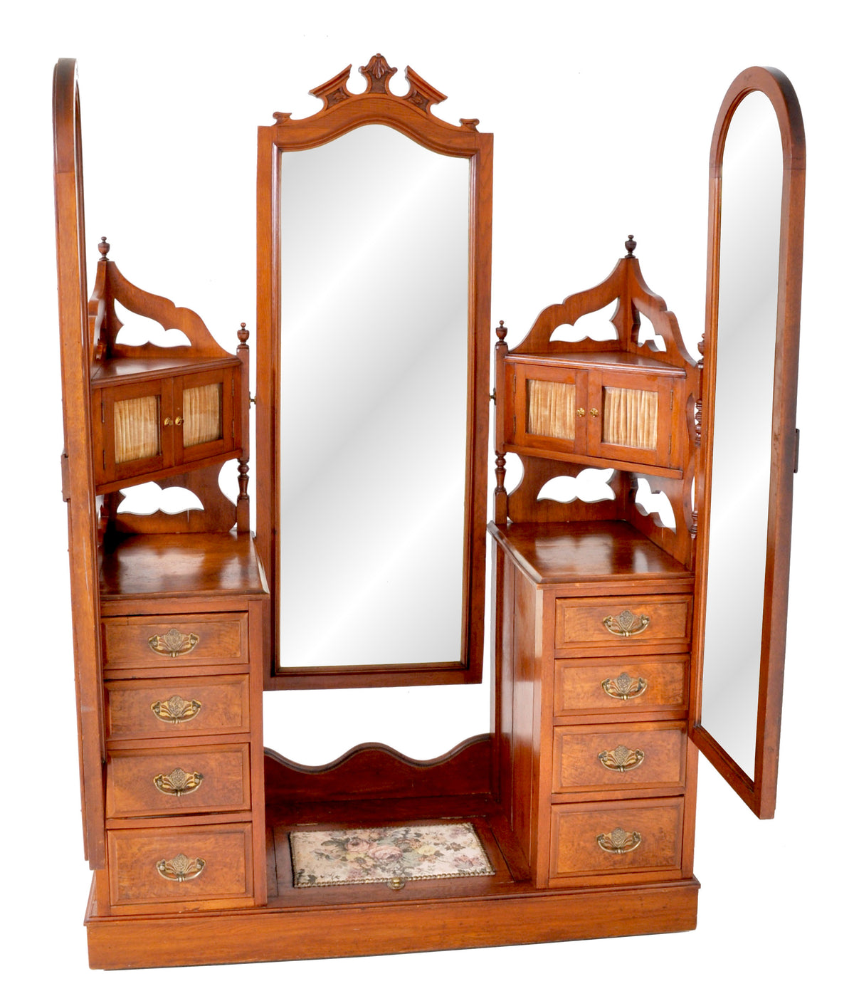Antique Victorian Walnut Triple Mirror Twin Pedestal Dressing Table / Princess Vanity Chest, circa 1870
