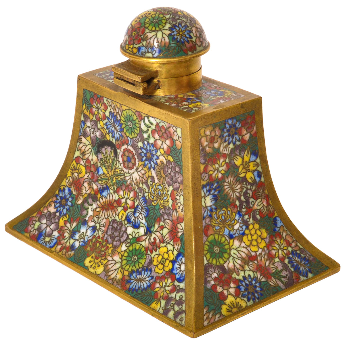 Antique Chinese Qing Enamel Mille Fleur Cloisonné Desk Writing Set Inkwell, Circa 1900