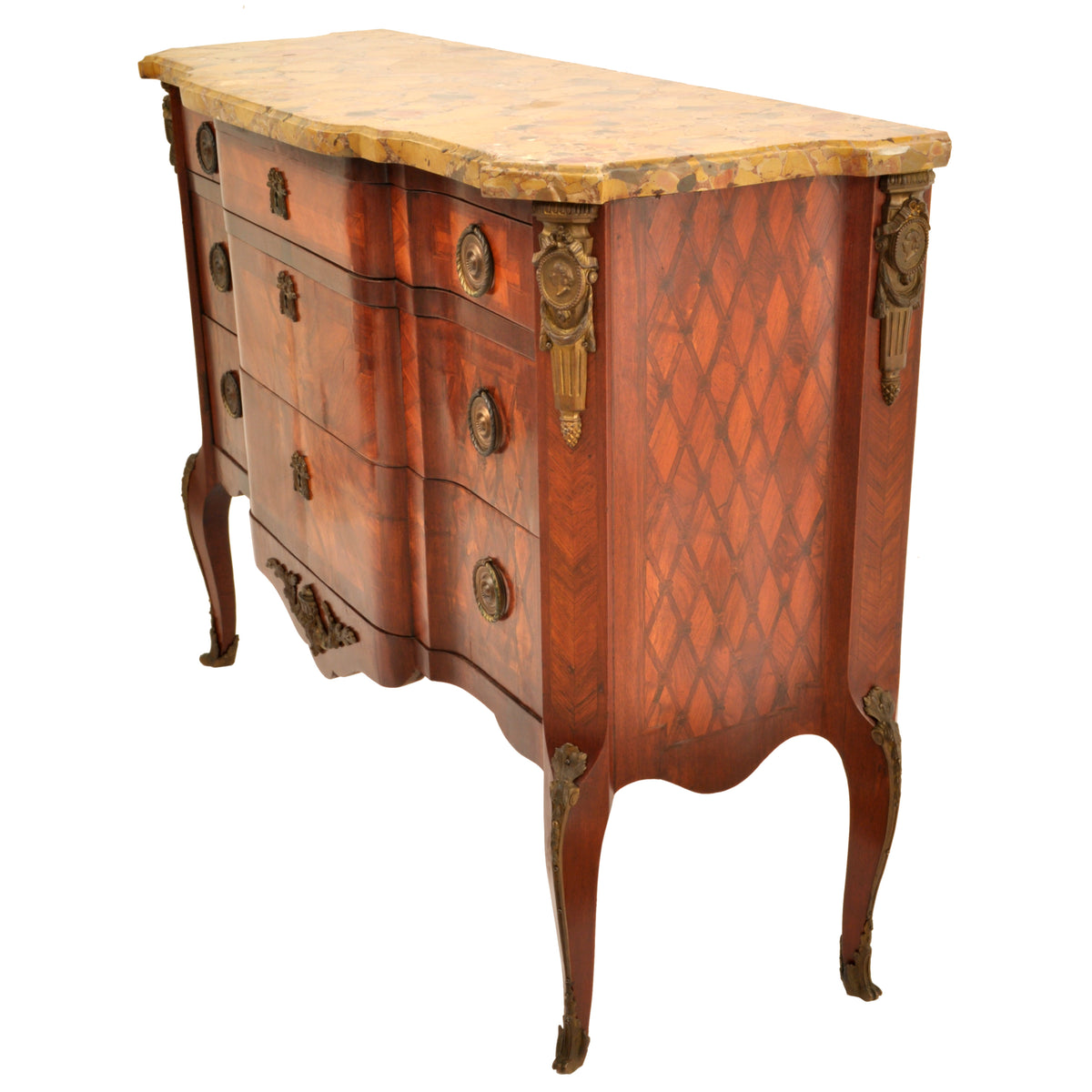 Antique French Louis XV Inlaid Parquetry Ormolu Marble Top Commode / Chest, circa 1780