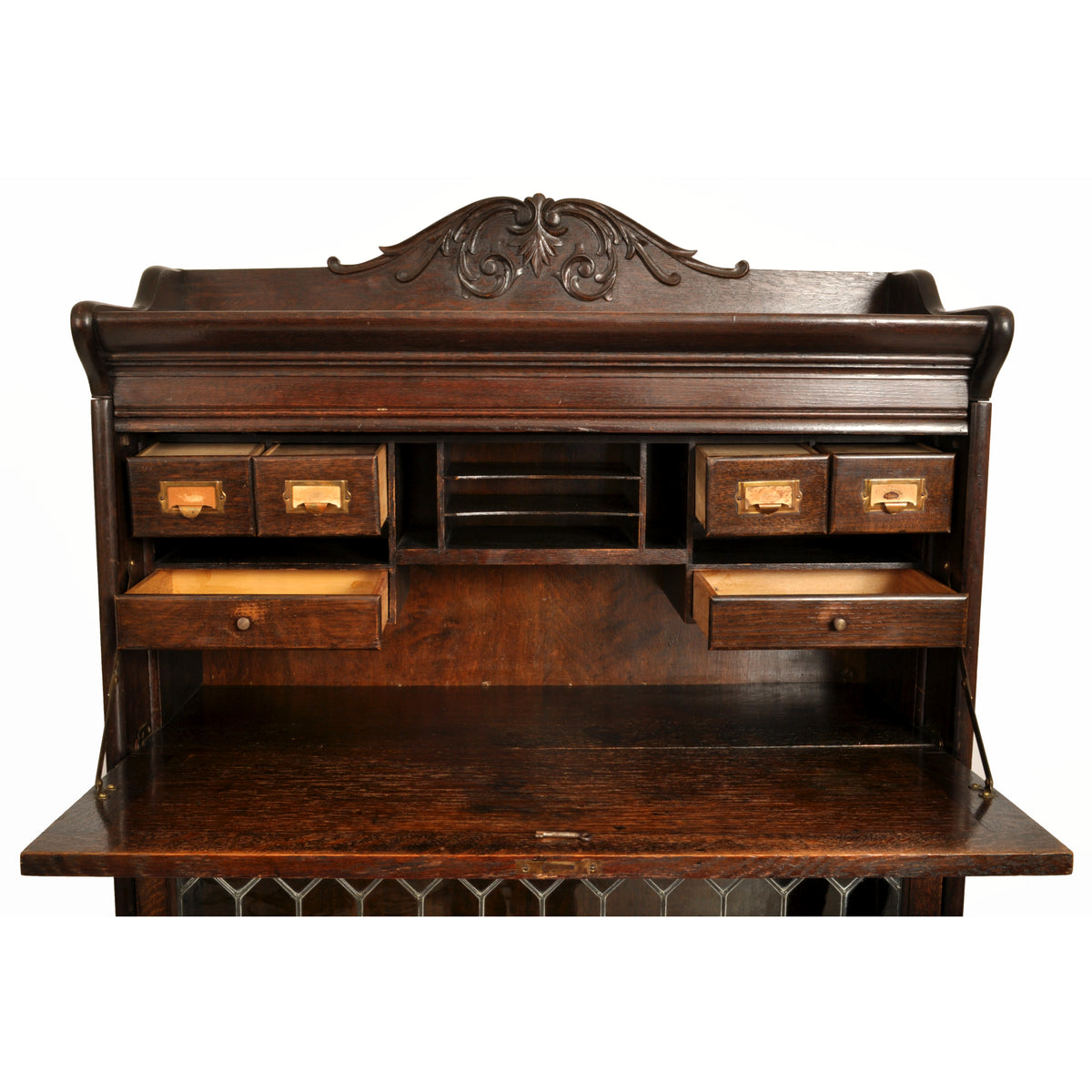 Antique Arts & Crafts Carved Oak Lawyer's / Barrister's Bookcase / Desk, Leaded Glass, circa 1900