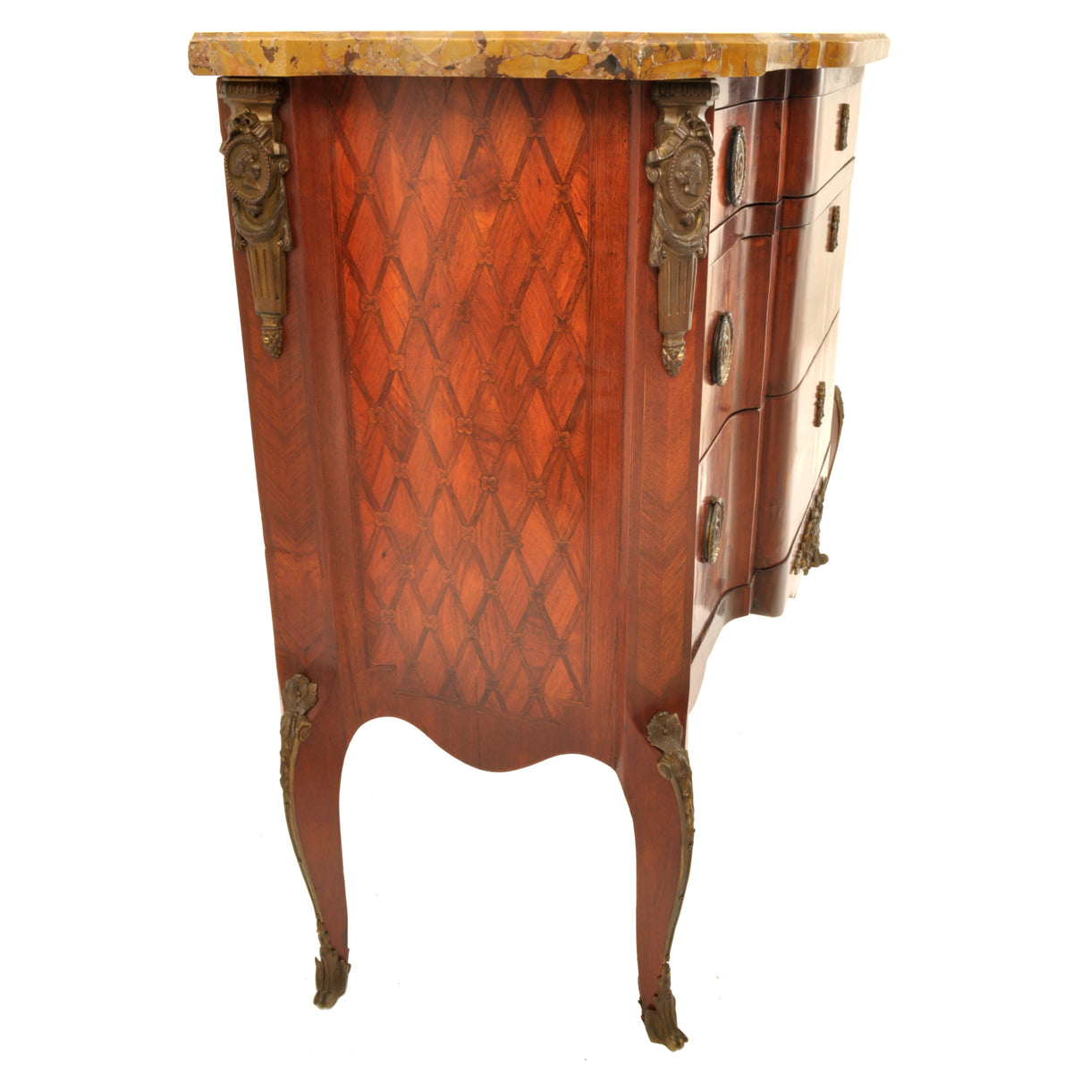 Antique French Louis XV Inlaid Parquetry Ormolu Marble Top Commode / Chest, circa 1780