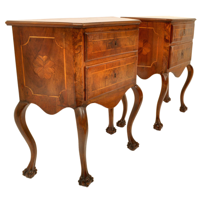Pair of Antique Italian Inlaid Walnut Baroque Commodes / Chests / Stands / Tables, circa 1750