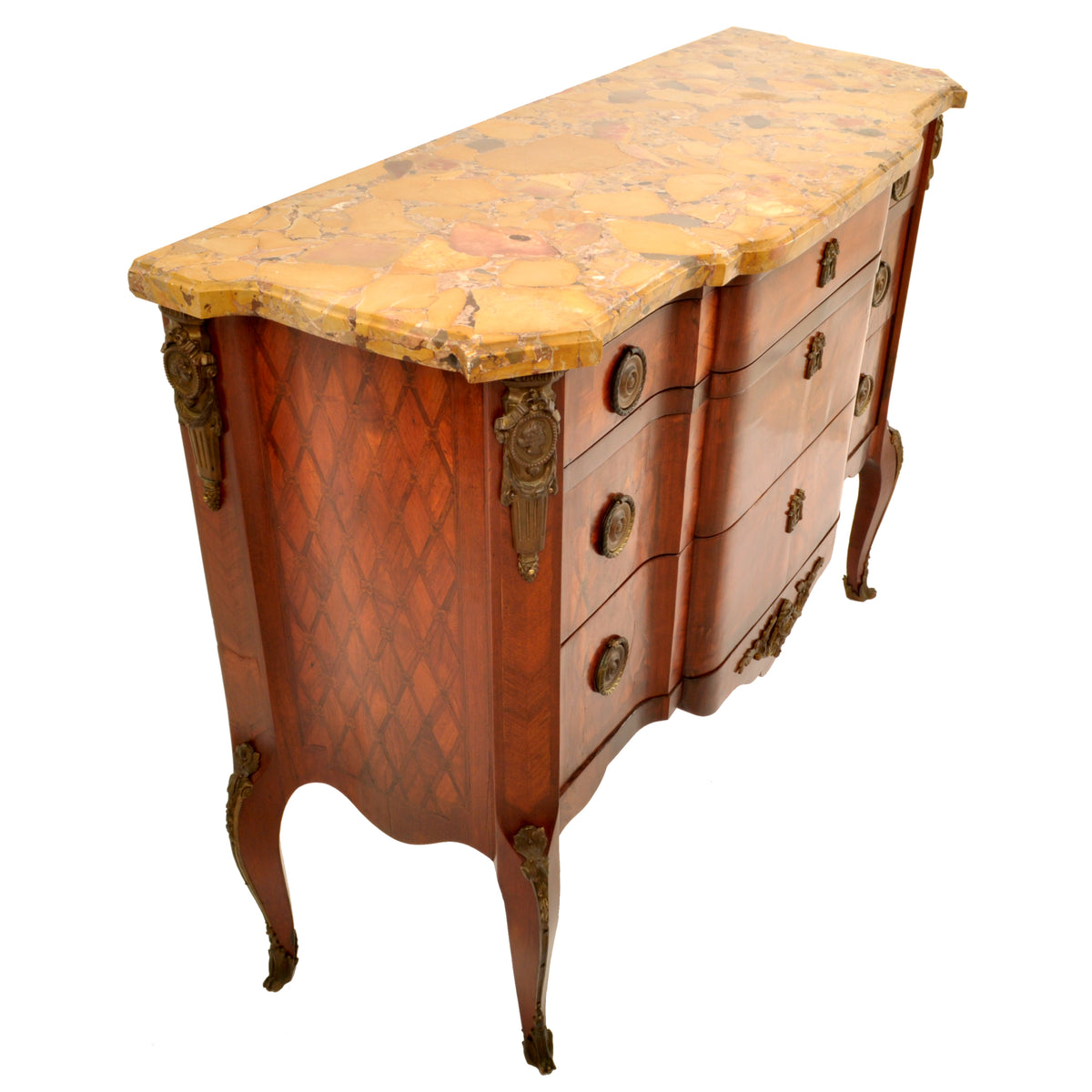 Antique French Louis XV Inlaid Parquetry Ormolu Marble Top Commode / Chest, circa 1780