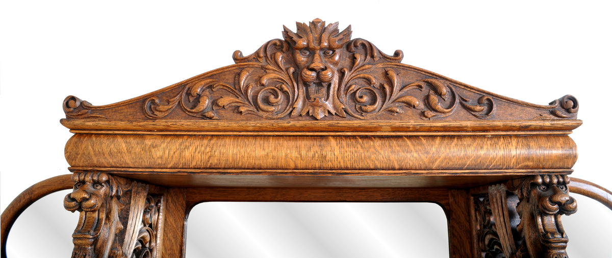 Antique American R. J. Horner Carved Oak Winged Griffin China Hutch / Cabinet, circa 1890