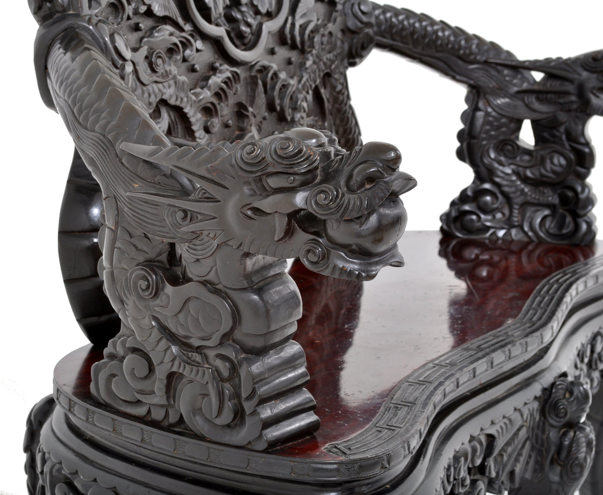 Antique Chinese Qing Dynasty Carved Rosewood Dragon Loveseat / Sofa / Bench, Circa 1890