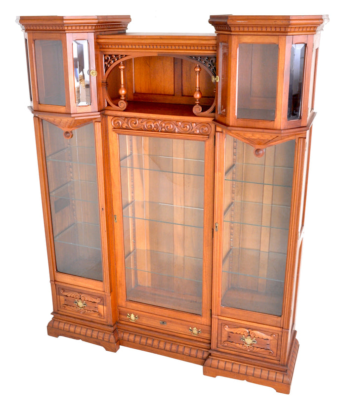 Antique American Eastlake Walnut Breakfront Bookcase / Hutch / Cabinet, Circa 1890