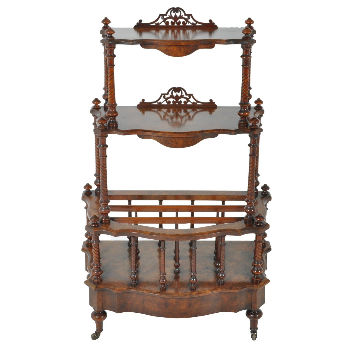 Antique English Burl Walnut Music Canterbury Whatnot, Circa 1870