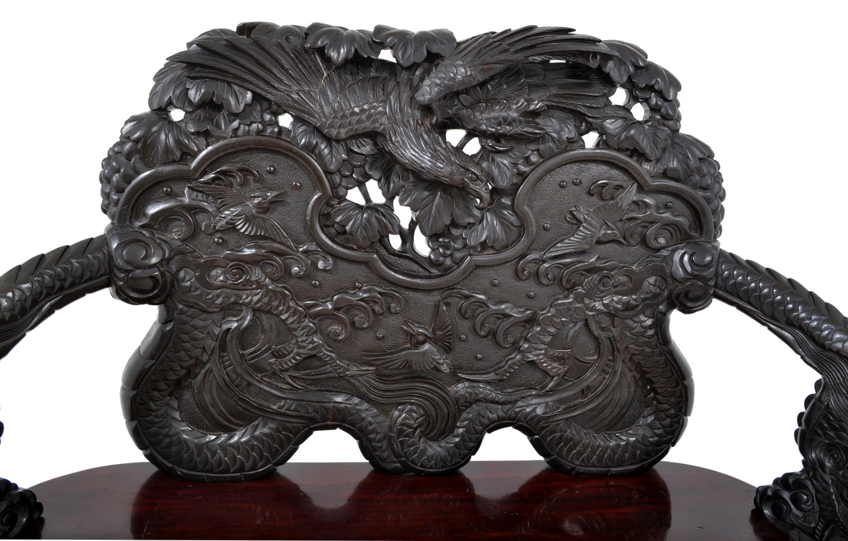 Antique Chinese Qing Dynasty Carved Rosewood Dragon Loveseat / Sofa / Bench, Circa 1890