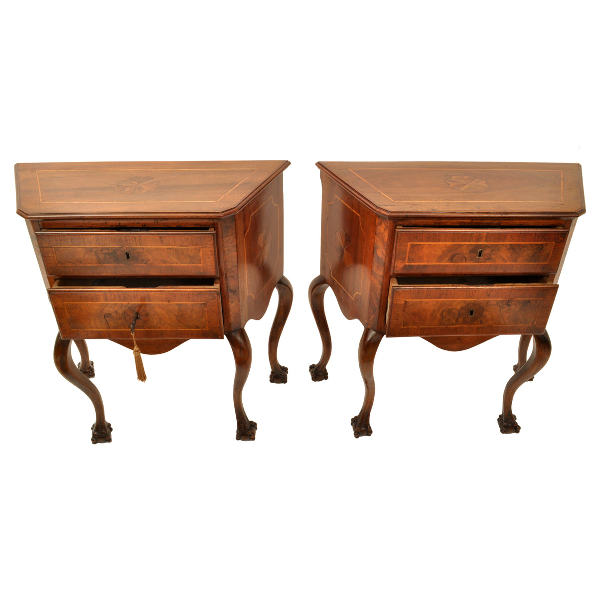 Pair of Antique Italian Inlaid Walnut Baroque Commodes / Chests / Stands / Tables, circa 1750