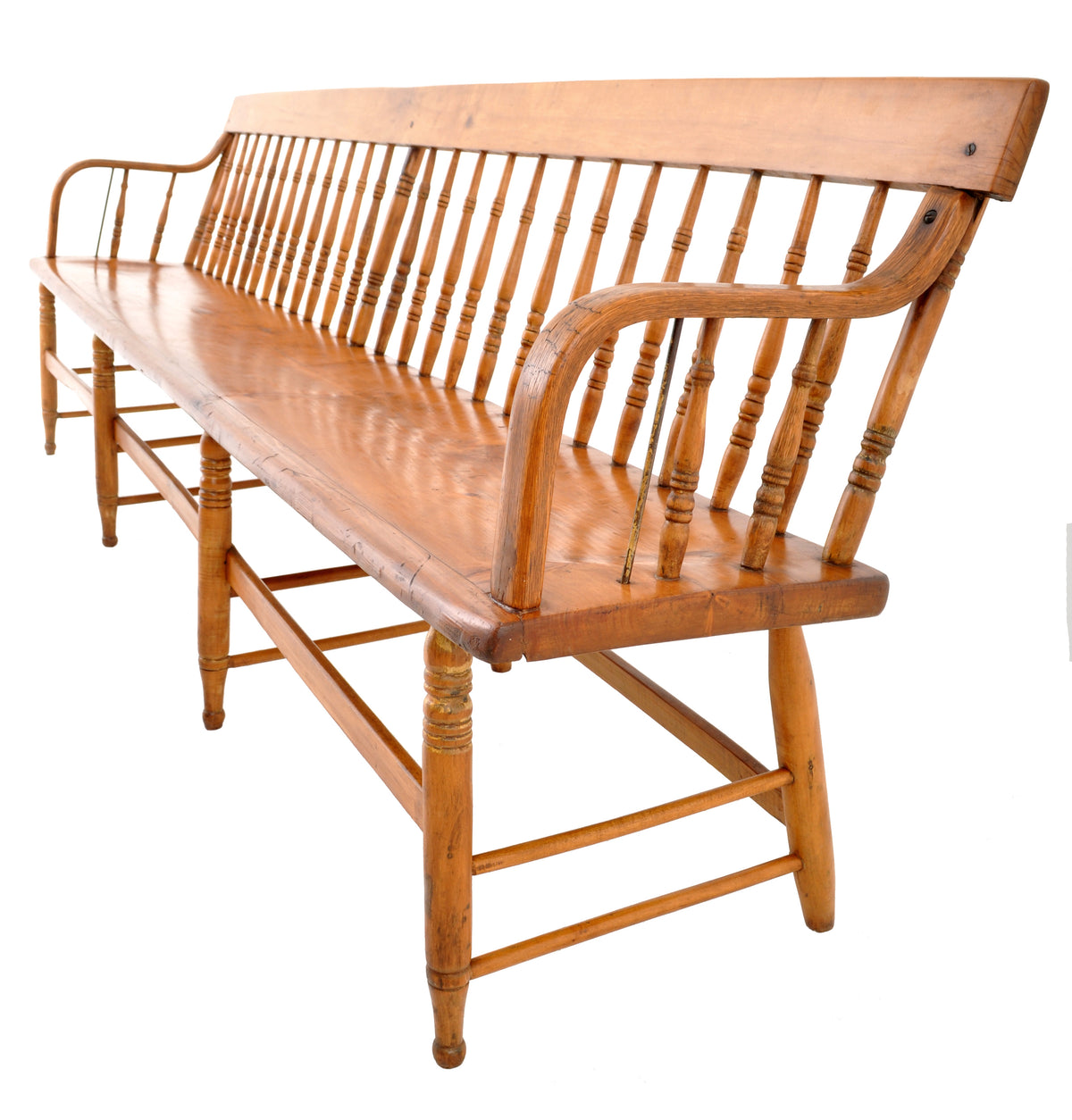 Antique American Windsor Pine & Maple Spindle Back Colonial Deacon's Bench, circa 1860