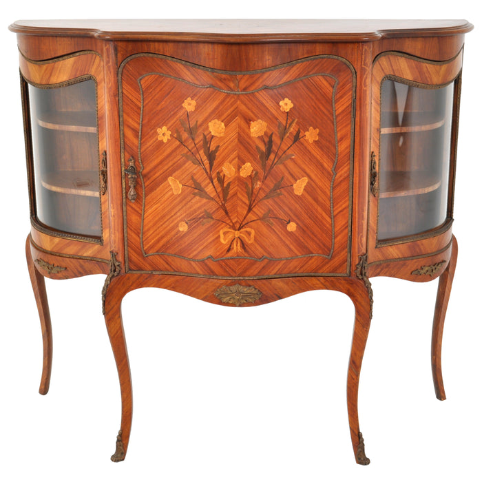 Antique French Louis XV Inlaid Walnut Ormolu Serpentine Display Cabinet / Buffet, circa 1890