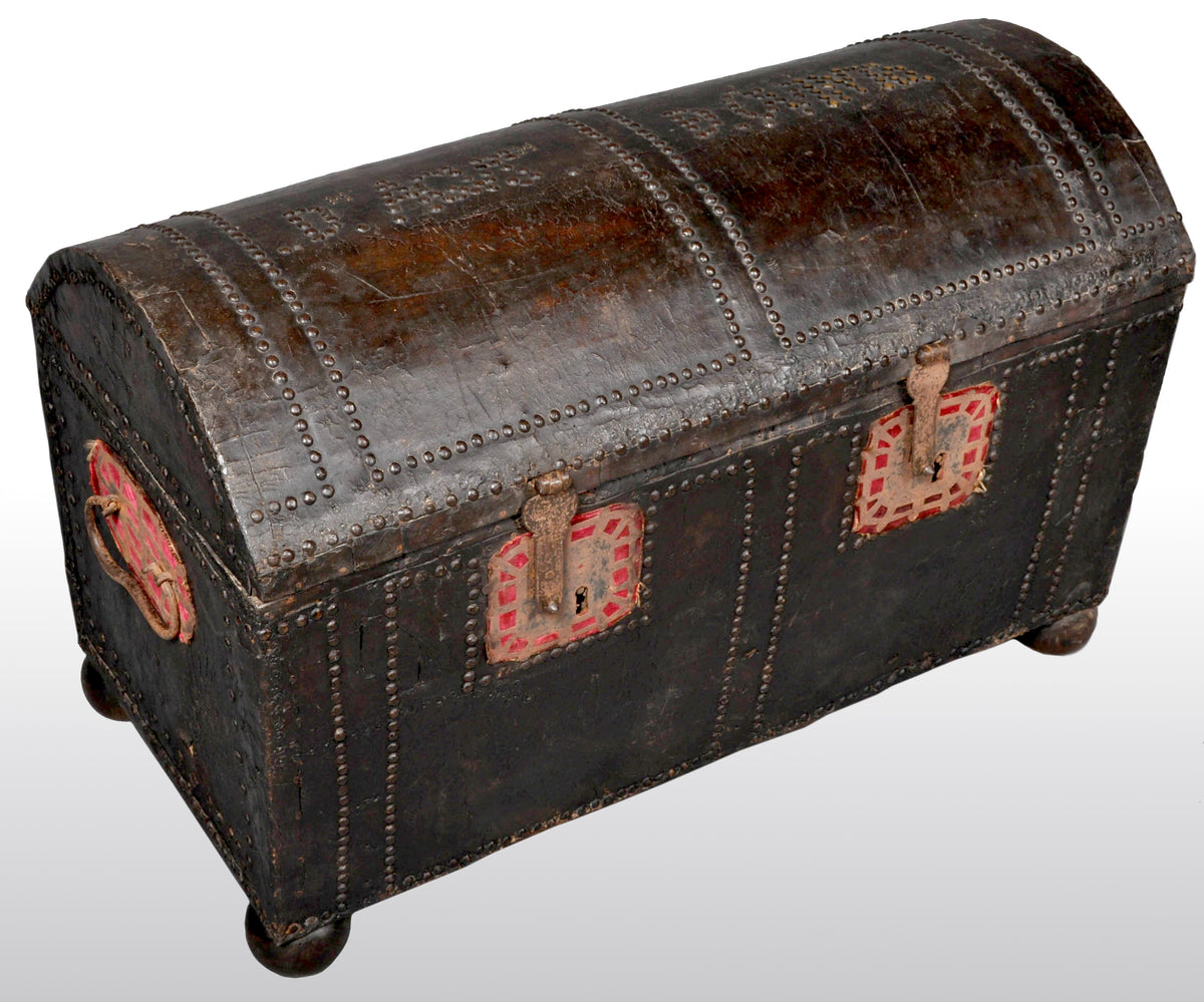 Antique Spanish Baroque Leather and Studded Wedding Trunk / Coffer, circa 1700
