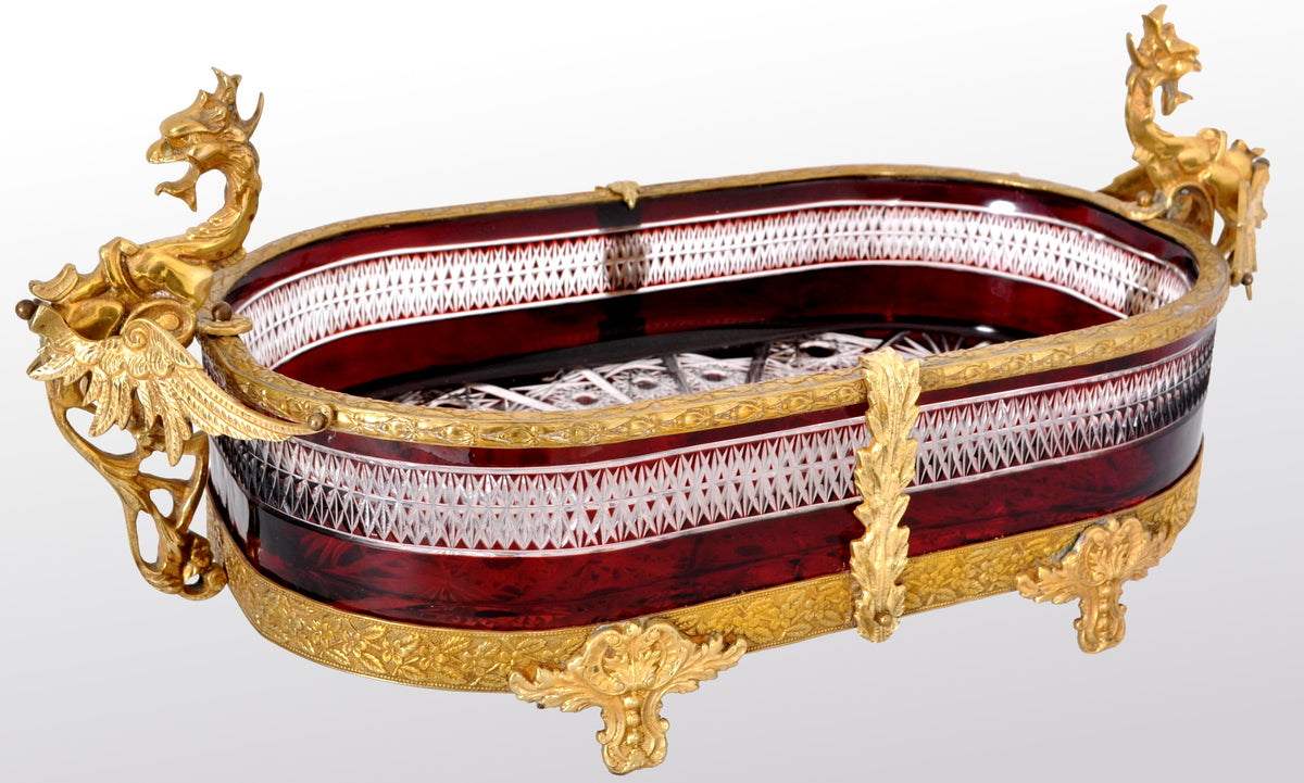 Antique French Cut Glass Crystal Ruby Doré Bronze Griffin Centerpiece, circa 1880