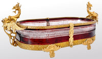 Antique French Cut Glass Crystal Ruby Doré Bronze Griffin Centerpiece, circa 1880
