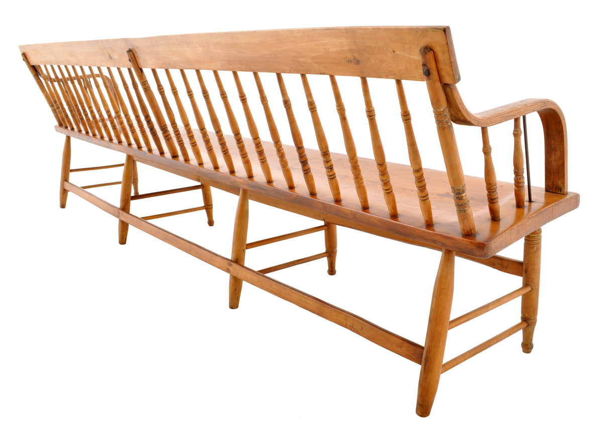 Antique American Windsor Pine & Maple Spindle Back Colonial Deacon's Bench, circa 1860
