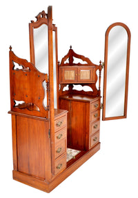 Antique Victorian Walnut Triple Mirror Twin Pedestal Dressing Table / Princess Vanity Chest, circa 1870