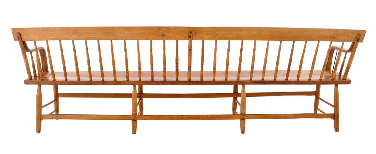 Antique American Windsor Pine & Maple Spindle Back Colonial Deacon's Bench, circa 1860
