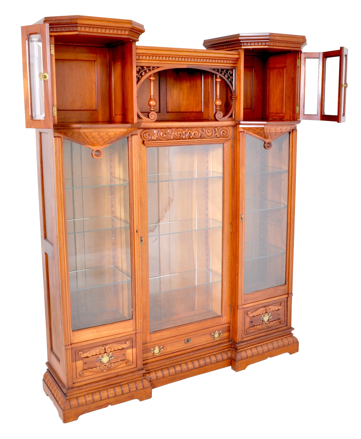 Antique American Eastlake Walnut Breakfront Bookcase / Hutch / Cabinet, Circa 1890