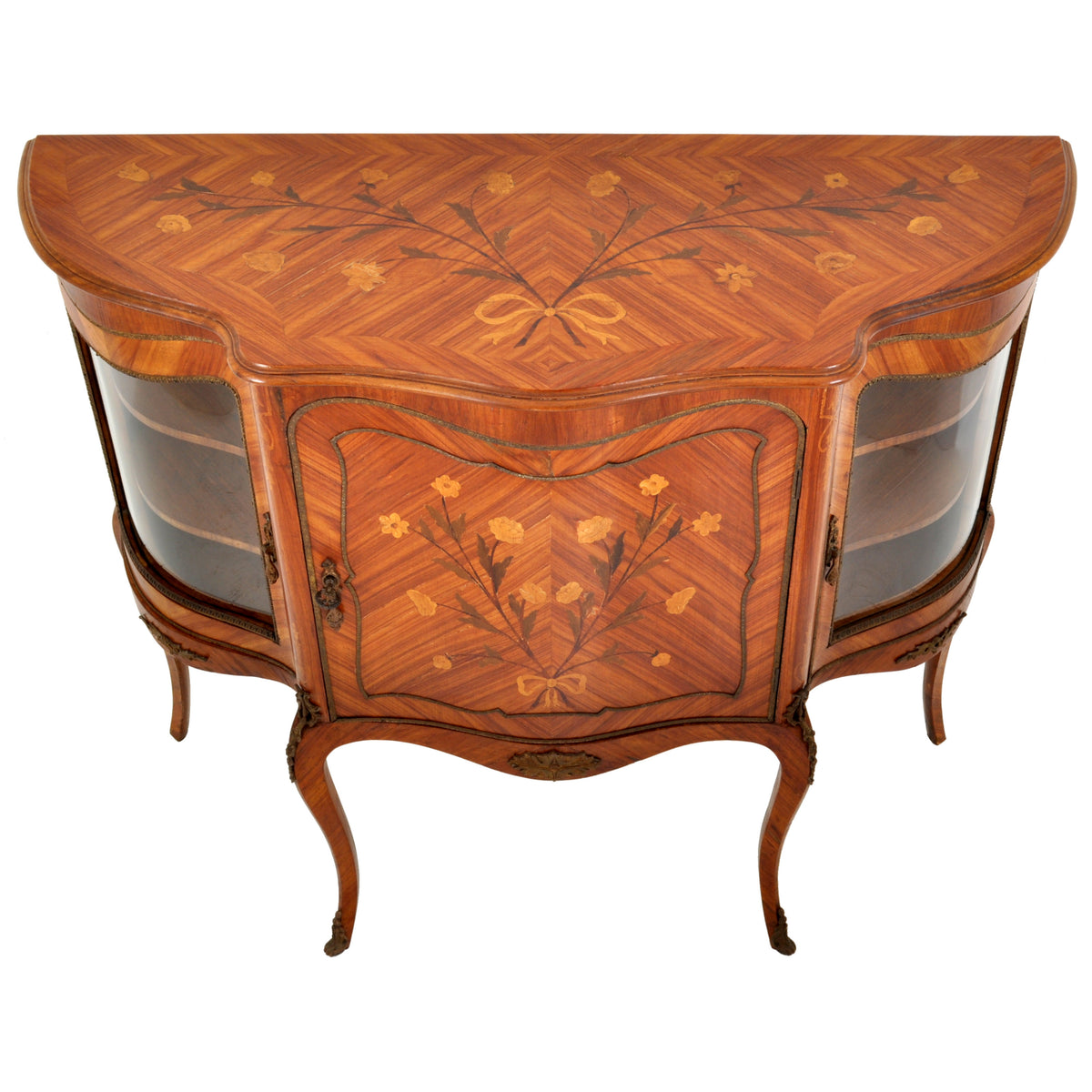Antique French Louis XV Inlaid Walnut Ormolu Serpentine Display Cabinet / Buffet, circa 1890