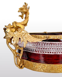 Antique French Cut Glass Crystal Ruby Doré Bronze Griffin Centerpiece, circa 1880