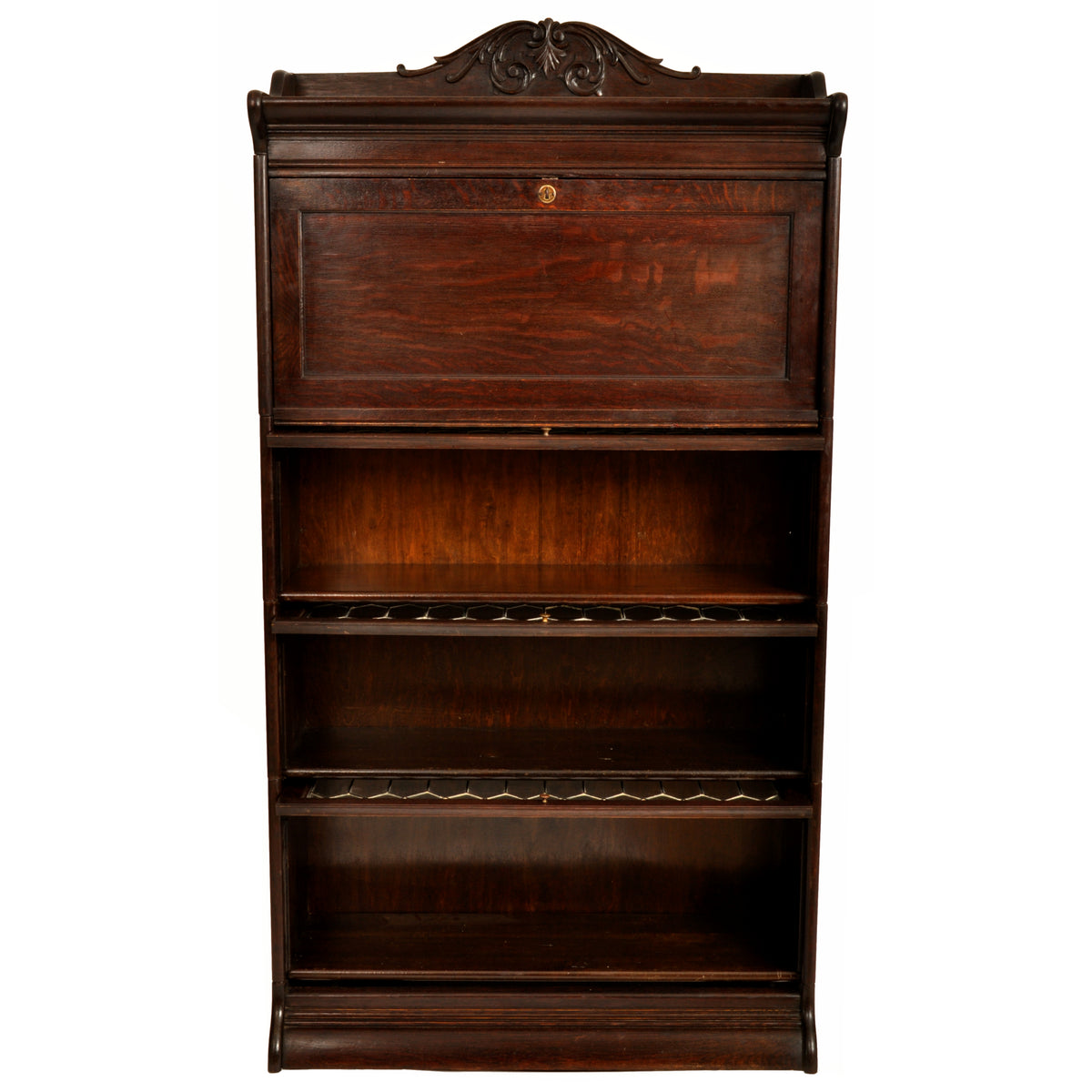 Antique Arts & Crafts Carved Oak Lawyer's / Barrister's Bookcase / Desk, Leaded Glass, circa 1900