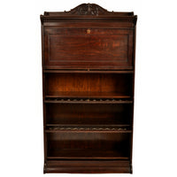 Antique Arts & Crafts Carved Oak Lawyer's / Barrister's Bookcase / Desk, Leaded Glass, circa 1900