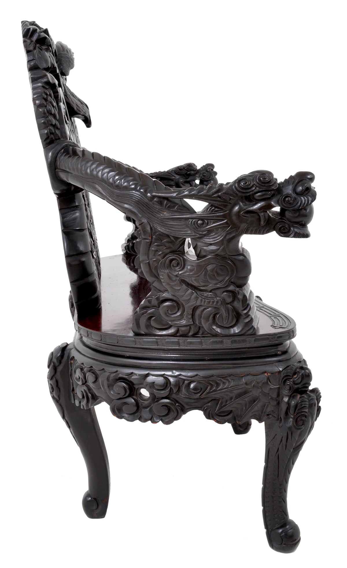 Antique Chinese Qing Dynasty Carved Rosewood Dragon Loveseat / Sofa / Bench, Circa 1890