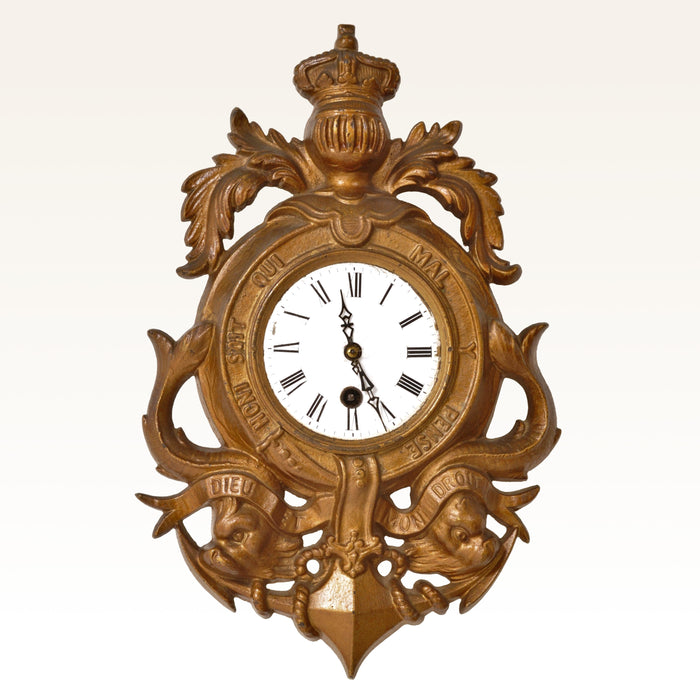 Antique 8-Day Cartel Wall Clock Royal Coat of Arms, Circa 1890