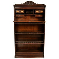 Antique Arts & Crafts Carved Oak Lawyer's / Barrister's Bookcase / Desk, Leaded Glass, circa 1900