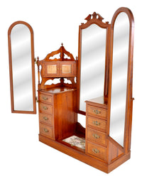 Antique Victorian Walnut Triple Mirror Twin Pedestal Dressing Table / Princess Vanity Chest, circa 1870