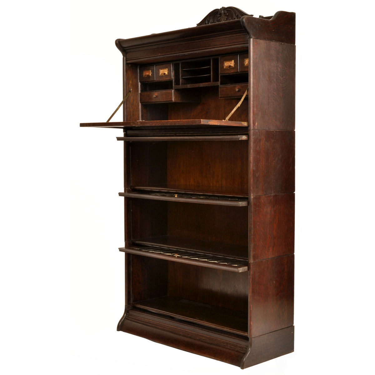 Antique Arts & Crafts Carved Oak Lawyer's / Barrister's Bookcase / Desk, Leaded Glass, circa 1900