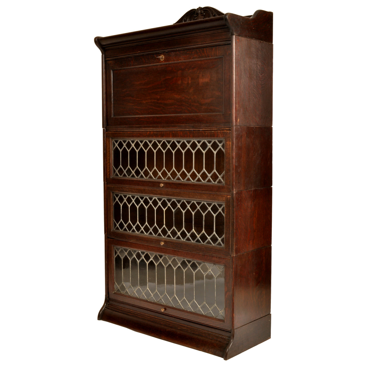 Antique Arts & Crafts Carved Oak Lawyer's / Barrister's Bookcase / Desk, Leaded Glass, circa 1900