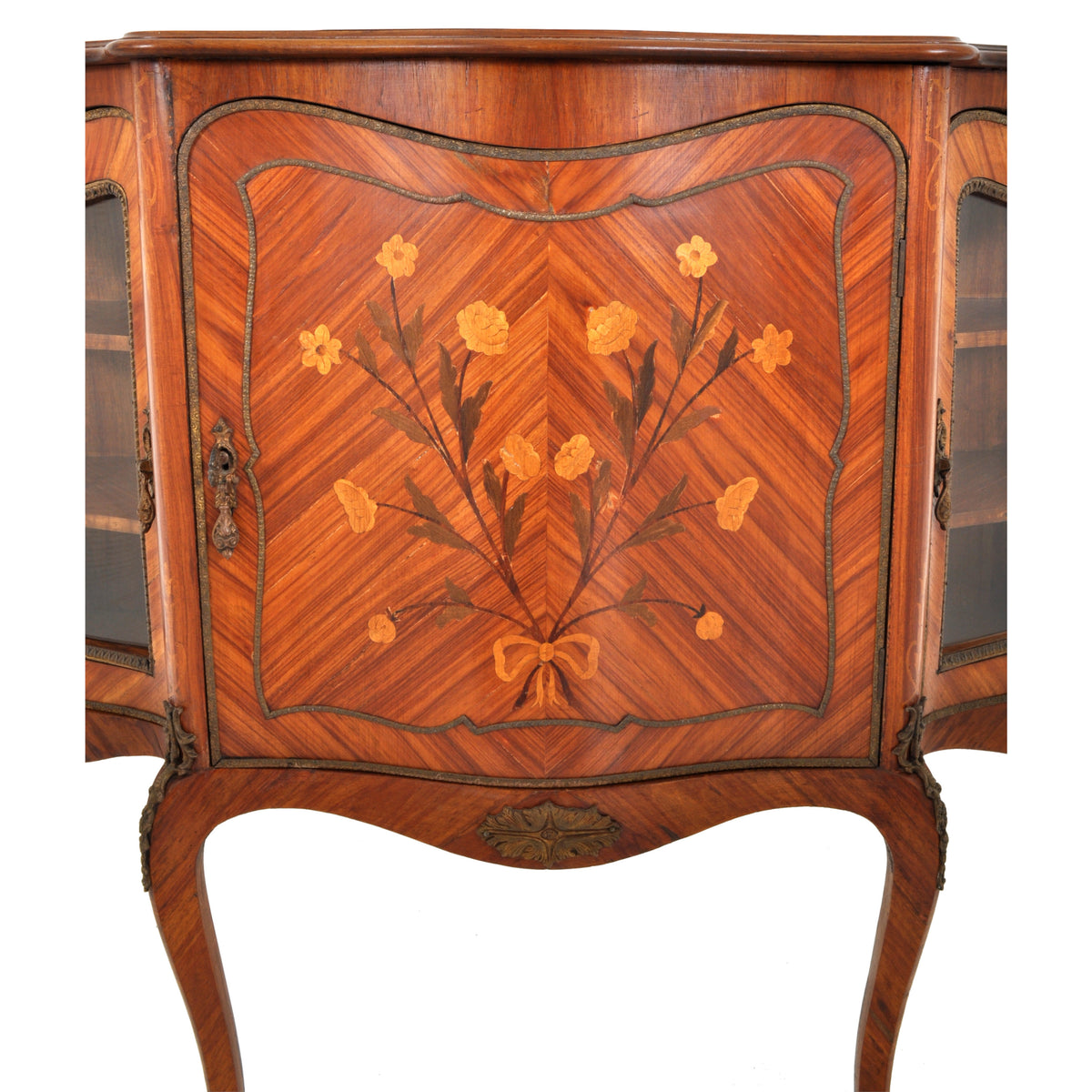 Antique French Louis XV Inlaid Walnut Ormolu Serpentine Display Cabinet / Buffet, circa 1890