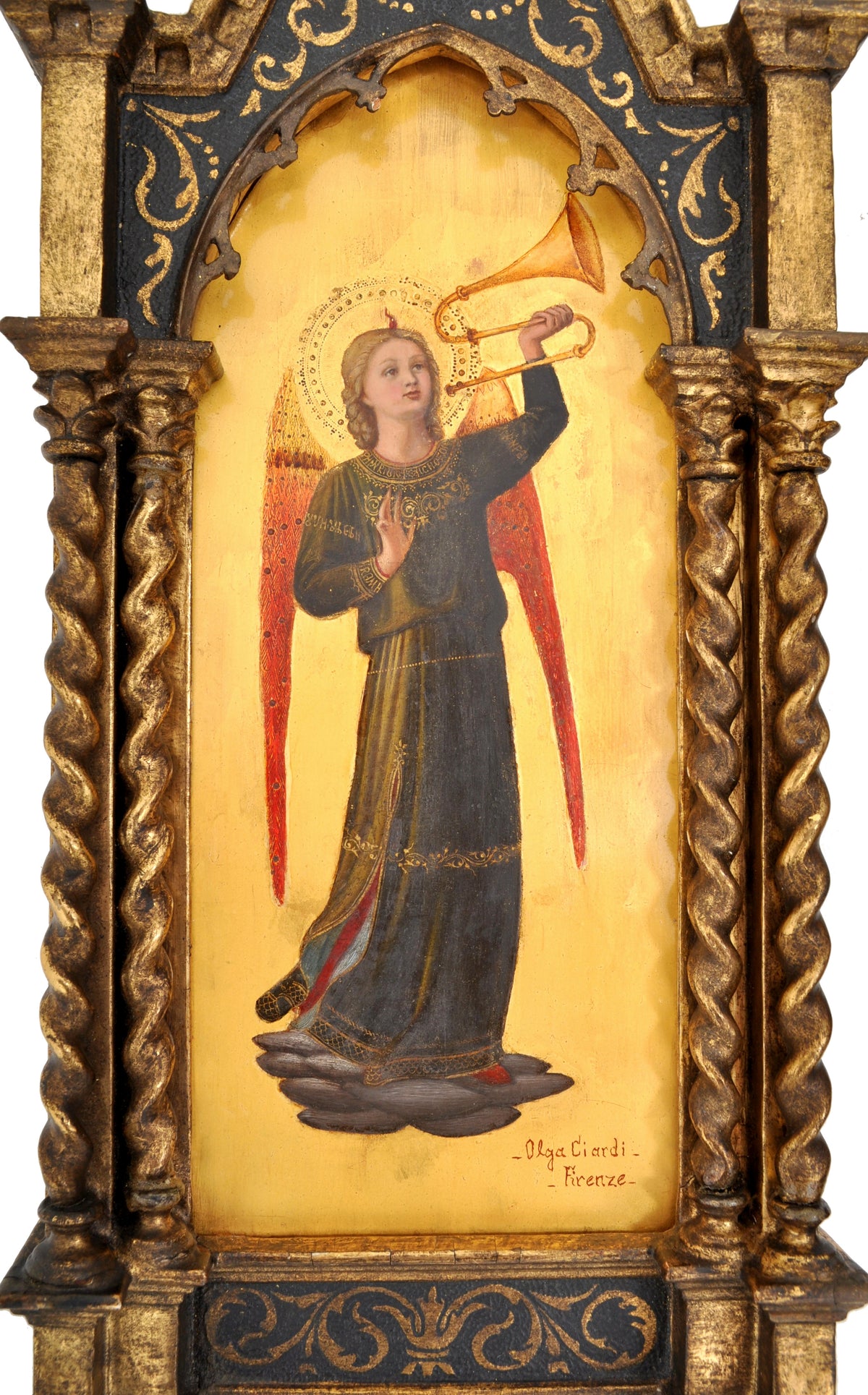 Pair of Antique 19th Century Italian Florentine Painted Gothic Renaissance Panels by Olga Ciardi, circa 1850